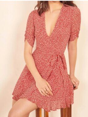 Reformation Monica Red Printed Puff-Sleeve‎ Wrap Mini Dress